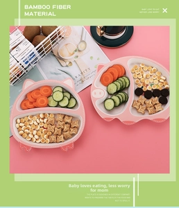 Divided pink cartoon bamboo fiber children plates showing food compartments detail