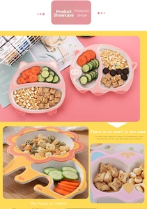 Detailed view of bamboo fiber kids divided plates in cute pink pig and yellow lion shapes