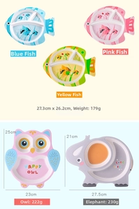 Detailed size chart showing dimensions and weight for cartoon bamboo fiber kids plates