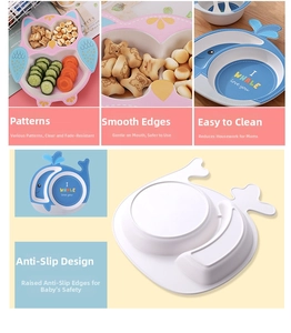 Detailed view of bamboo fiber kids plates featuring anti-slip bottom and owl whale patterns