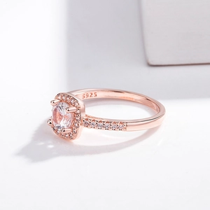 Detail view of the S925 hallmark on a rose gold ring with a square-cut zircon stone