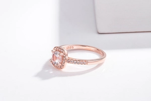 Macro shot of S925 hallmark on rose gold plated silver ring with square halo stones