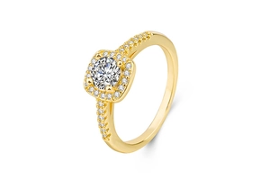 Detailed close-up of a luxury solitaire ring with micro-paved diamonds on a gold band