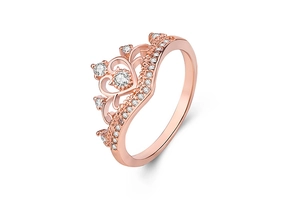 Detailed view of rose gold crown ring with sparkling micro-pave zircon settings