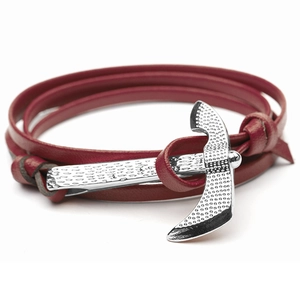 Multilayer red leather wrap bracelet featuring a textured silver anchor clasp for couples