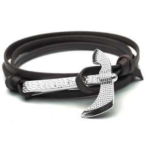 Multilayer dark brown leather bracelet featuring a vintage silver axe clasp on white background