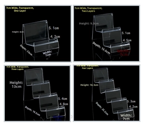 Detailed size specifications for multi-tier acrylic wallet and phone display stands