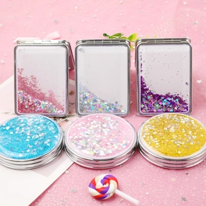 Portable double-sided quicksand makeup mirrors in cute round and rectangular shapes