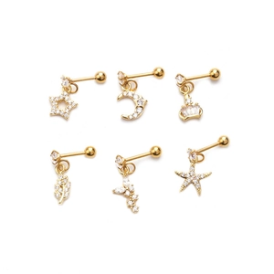 Set of 6 gold stainless steel screw back earrings with star, moon and crown zircon charms