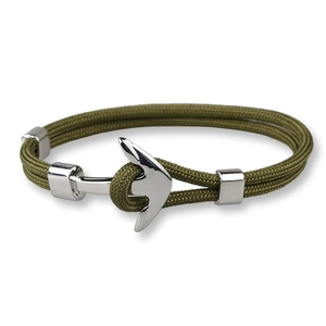 Detailed macro shot of olive green woven rope bracelet with a silver anchor clasp