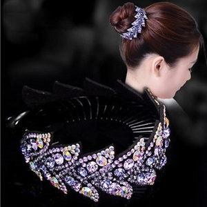 Expandable purple rhinestone bird nest hair ring with non-slip wave leaf design