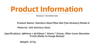 Specifications of 304 stainless steel tea infuser with mesh filter size and weight details