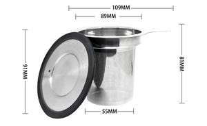Detailed dimensions of stainless steel tea infuser with lid and handle for accurate sizing