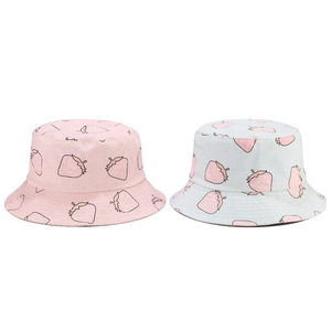 Summer Reversible Strawberry Print Bucket Hat For Women Cotton Sun Protection Fisherman Hat Outdoor Travel Beach Shade Hat