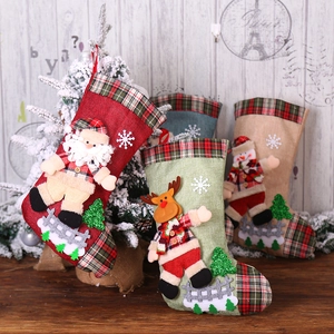 Christmas stockings set with Santa, Reindeer, and Snowman applique on plaid linen fabric