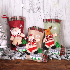 Large Christmas Stocking Burlap 3D Santa Snowman Reindeer Plaid Trim Hanging Holiday Party Gift Bag Decor