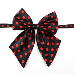 JK style dog bow tie in black with red polka dots featuring a silky satin finish