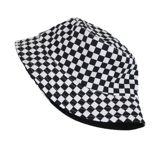 Classic black and white checkered reversible sun hat with wide brim for women