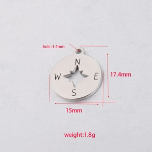 Polished stainless steel round compass pendant with hollow star and direction markers