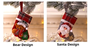 Detail of Christmas stocking ornaments with 3D bear and Santa figures on tree branches