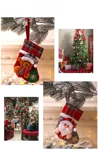 Plaid Christmas stockings with 3D Santa and bear hanging on a decorated fireplace