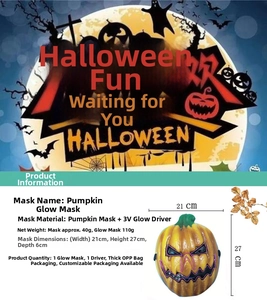 Detail specifications of LED pumpkin mask with size 21x27x6cm and 3V controller