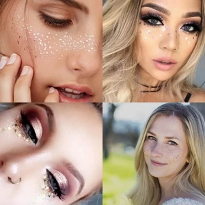 Face gem stickers for makeup featuring shimmering gold and silver glitter on eyes and cheeks
