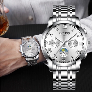 Men's ORUSS business quartz watch with silver steel strap and sun-moon phase dial display