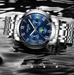 Close-up of waterproof business watch on water ripples with steel band and blue dial