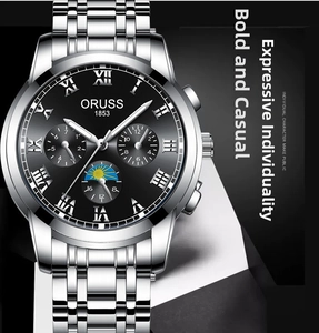 Detail of silver stainless steel business watch with black dial and moon phase display