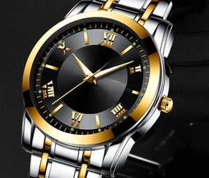 Close-up of ORUSS quartz watch showing black sunray dial and dual calendar window detail