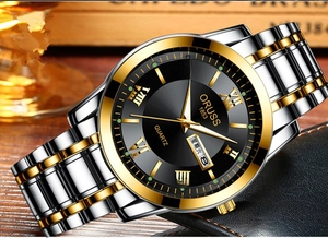 Detailed close-up of a two-tone quartz watch with black dial and Roman numerals
