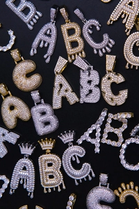 Detailed close-up of hip hop style iced-out letters A, B, and C with micro zircon inlay