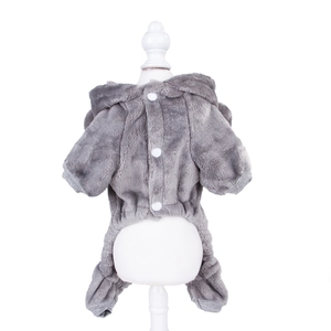 Detailed back view of a grey plush pet pajama with soft coral fleece and white button closures