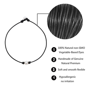 Handmade black genuine leather cord necklace with large natural white pearl pendant