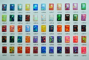 Macro view of 55 different rectangular opal stone color samples with model numbers
