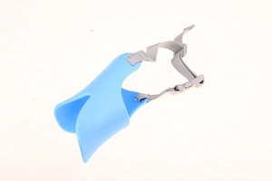 Detail view of a blue silicone duck-shaped dog muzzle with grey adjustable nylon strap