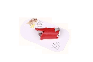 Detail view of red silicone duck-bill dog muzzle size S with adjustable nylon strap