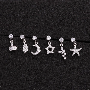 Set of six silver stainless steel screw back earrings with diverse zircon pendants