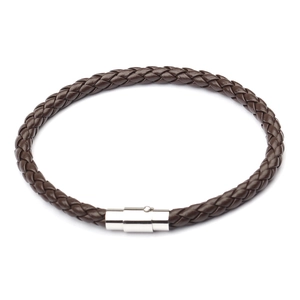 Deep brown braided leather bracelet for men featuring a polished silver magnetic clasp
