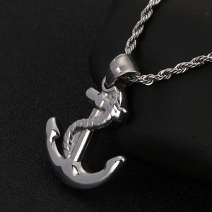 Polished silver anchor pendant necklace with twist chain for men in vintage punk style
