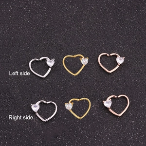 Zircon heart cartilage earrings in silver, gold, and rose gold for left and right ears