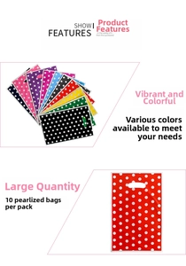 Detail view of 10-piece pack colorful polka dot pearlescent plastic party gift bags