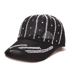 Berretto da baseball in maglia nera traspirante da donna con strass scintillanti