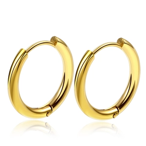 Polished gold stainless steel hoop earrings with reflective finish on white background