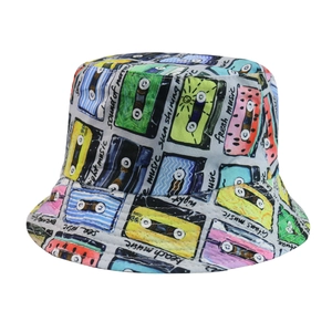 Harajuku street style bucket hat with vintage colorful cassette tape print on gray canvas