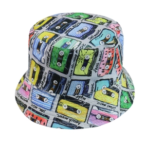 Retro Cassette Tape Print Reversible Bucket Hat Cotton Harajuku Street Music Theme Sun Protection Outdoor Basin Hat