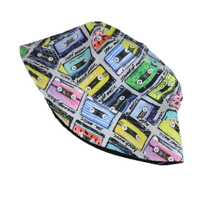 Harajuku retro bucket hat with colorful vintage cassette tape prints for sun protection