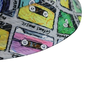 Harajuku street style bucket hat with vintage colorful cassette tape and G-funk music print