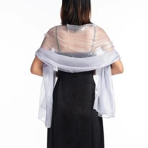 Silver-grey lightweight sheer shawl draped elegantly over a black dress on studio model